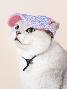 Dettaglio del cappello per animali con motivo a scacchi blu, fragola e fori per orecchie