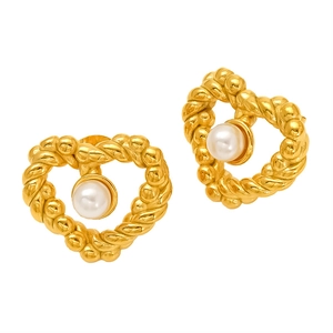 Elegant gold-plated heart bow earrings featuring woven texture and white pearl center