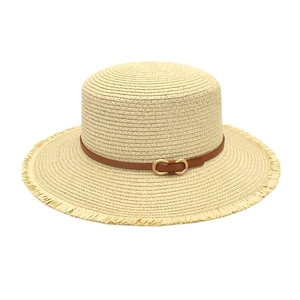 Summer Straw Boater Hat Flat Top Frayed Edge Sun Protection Beach Vacation With Leather Belt For Women Men