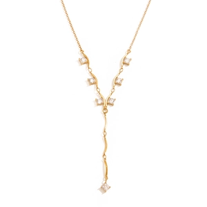 Collier en Y en acier inoxydable plaqué or 18 carats avec zircons carrés blancs