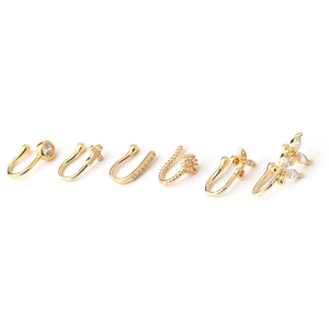 Set of 6 gold butterfly and honey bee clip-on nose rings with sparkling zircons