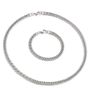 Polished stainless steel Cuban link jewelry set featuring a necklace and matching bracelet
