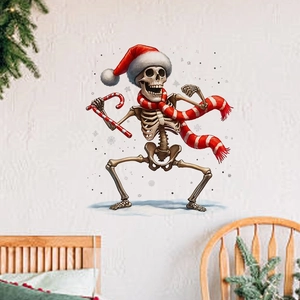 Dancing Christmas skeleton wall decal with red hat and candy cane for home decoration