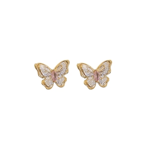 Boucles d'oreilles papillon dorées avec pierre rose et ailes blanches pour femmes