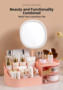Detail eines rosa Kosmetik-Organizers mit LED-Spiegel und klaren Doppel-Schubladen