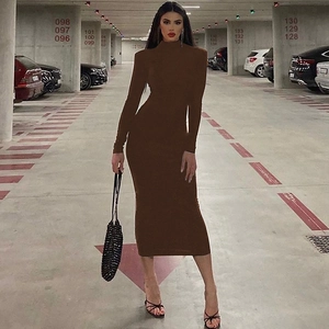 Detail of slim fit dark brown long sleeve high neck dress in a knit stretch fabric