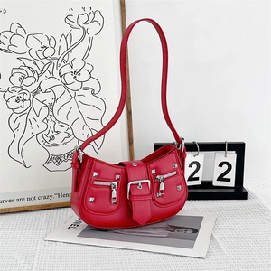 Vintage red motorcycle shoulder bag with silver studs and front zipper pockets