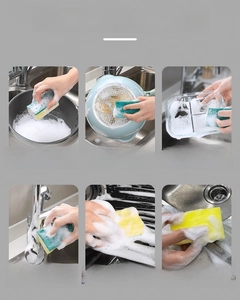 Dual-sided sponge cleaning dishes, faucet, stove, and kitchen countertops shown in six views