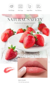 Macro shot of strawberry lip scrub texture showing natural vegan base and model results