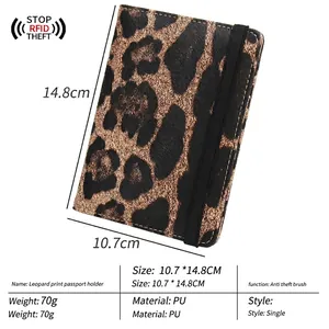 Leopard print RFID blocking passport holder with elastic band closure and card slots