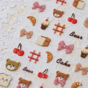 3D cartoon bear and cherry embossed nail stickers with matte finish and gold accents
