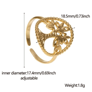 Detail showing adjustable gold tree of life ring dimensions and measurement specs