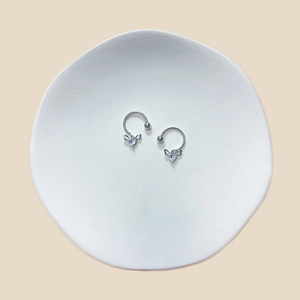 Detail of silver heart nipple rings with wings on a ceramic plate, stainless steel jewelry