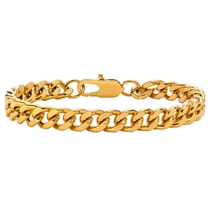 Polished gold stainless steel Cuban link bracelet with lobster clasp for men in hip-hop style