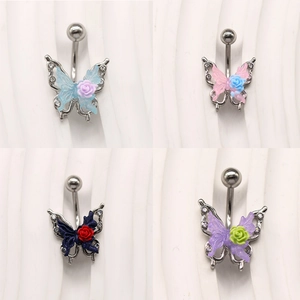Butterfly and rose belly rings with small rhinestones in four elegant color options
