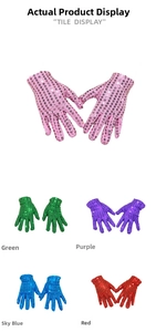 Detailed tile display of sequined performance gloves in five vibrant stage colors