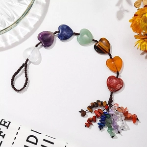 Seven chakra natural stone heart car hanging ornament with colorful crystal tassels