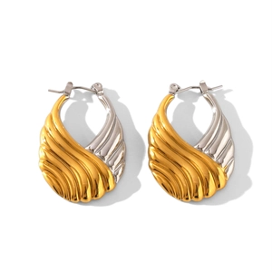 Two-tone gold and silver stainless steel earrings with textured wavy geometric patterns