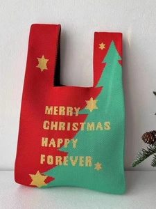 Knitted Christmas tote bag featuring a green tree design and Merry Christmas text