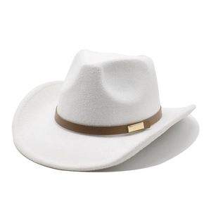 Classic white wool felt western cowboy hat with brown leather belt and gold metal buckle