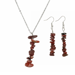Natural red stone chip tassel necklace and earrings jewelry set in silver finish