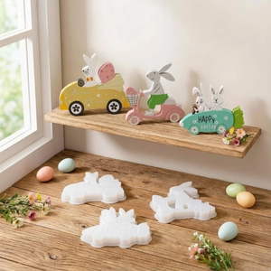 Easter rabbit molds set featuring bunnies on scooter, car and carrot car crafts