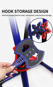 Detail of toy axe storage stand with hooks for organized indoor target game sets