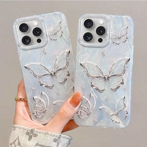 Silver 3D butterfly pattern phone case with iridescent blue finish for iPhone 16 Pro Max