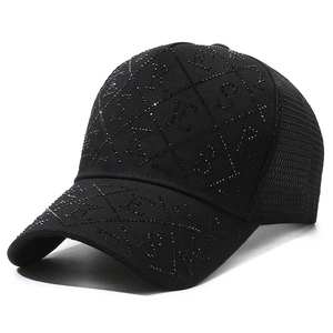Fashionable black mesh trucker hat with rhinestone alphabet pattern and sparkling diamond finish