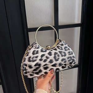 Leopard Print Evening Bag Women Hard Shell Clutch Purse With Gold Circular Handle And Metal Chain Strap Fashion Party