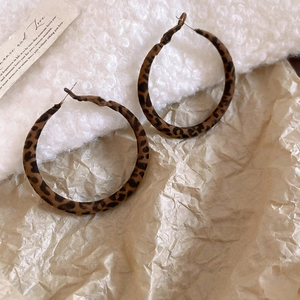 Detailed view of leopard print flocking round hoop earrings on a textured background