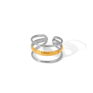 Three-layer adjustable 18K gold and silver plated stainless steel ring with hammered texture