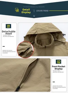 Detail view of khaki hooded jacket featuring a detachable hood and zip front pockets