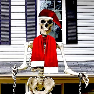 Detailed life-size skeleton with a red Christmas hat and scarf for outdoor holiday decor