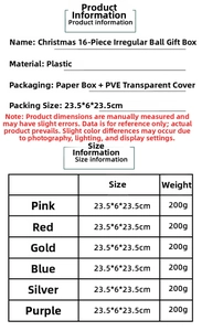 Detailed product size and weight specifications for 16-piece Christmas ball ornament set