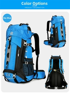 Detail view of 60L sky blue outdoor hiking backpack with ergonomic straps and 360 degree views