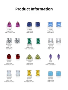 Detailed parameter chart showing twelve pairs of S925 sterling silver birthstone earrings