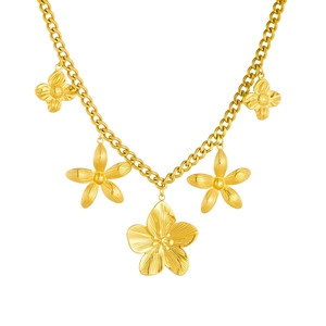 Gold plated stainless steel necklace featuring elegant five-petal flower pendants on chunky chain