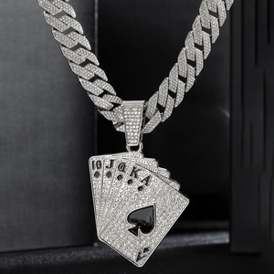 Silver iced out playing cards poker pendant with cuban link chain for men hip hop style