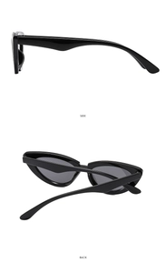 Detail view of black cat eye sunglasses showing side and back angles in high quality