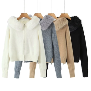 Women Hooded Knitted Cardigan Faux Fur Collar Zipper Long Sleeve Solid Color Warm Casual Autumn Winter Sweaters Outerwear