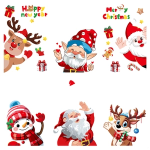 Christmas window stickers featuring Santa Claus, reindeer, and snowmen on white background