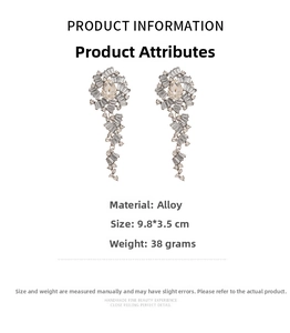 Detailed view of luxury crystal tassel earrings with dimensions 9.8x3.5cm and 38g weight