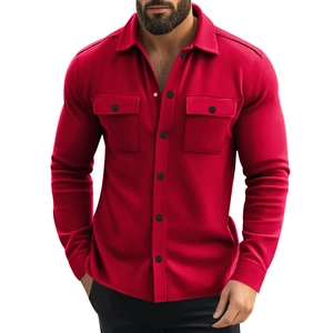 Detail of red slim fit men's jacket with double chest pockets and black buttons