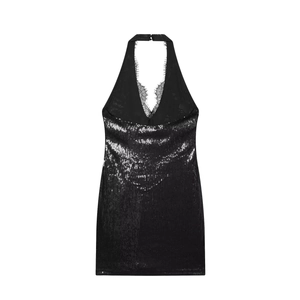 Elegant black sequin halter dress with lace V-neck detailing for party wear