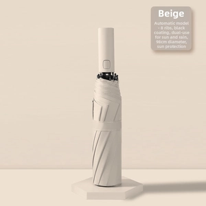 Detail of beige 8-rib automatic folding umbrella with UV protection black coating
