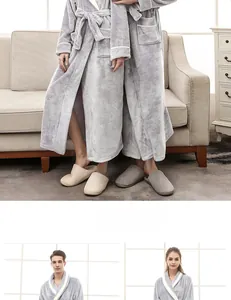 Detailed view of long grey flannel bathrobe with plush texture, belt and matching slippers