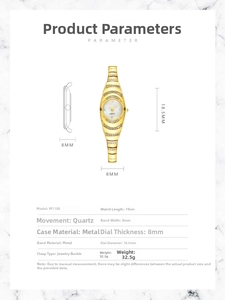 Technical specifications of the gold quartz bracelet watch featuring a diamond-set metal band