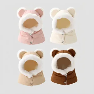 Kids Winter Balaclava Integrated Hat Scarf Bear Ears Plush Lined Windproof Thickened Warm Outdoor Earflap Hooded Cap