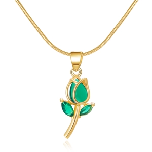 Macro detail of elegant gold tulip pendant with green crystals on fine snake chain